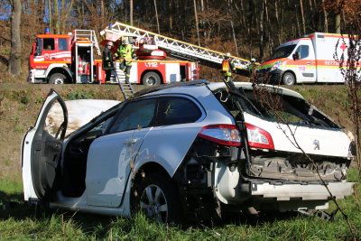 Mit Drehleiter aus Rückhaltebecken gerettet