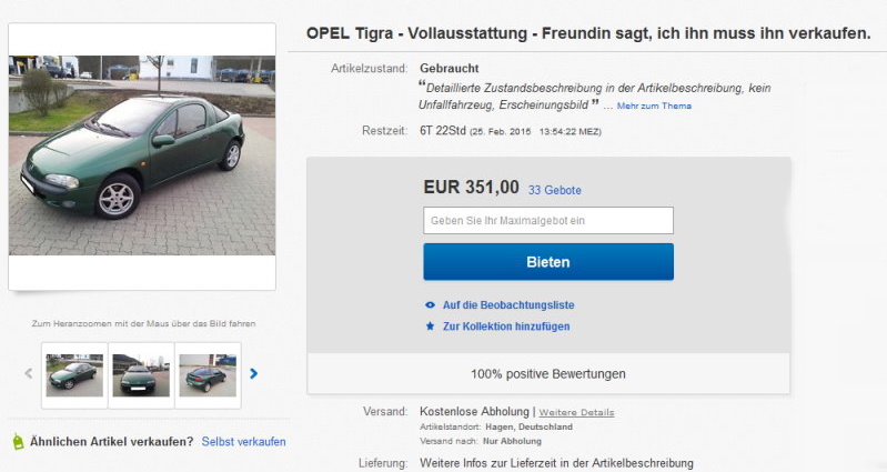 Lustige Ebay-Anzeige: Opel mit Lebensgeschichte zu kaufen